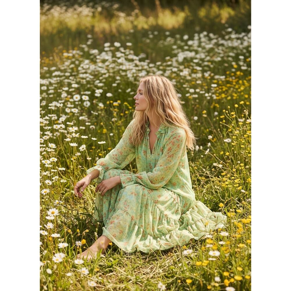 Free People Feeling Groovy Maxi Dress Size Medium 70s Chartreuse Floral Bohemian - Picture 3 of 16